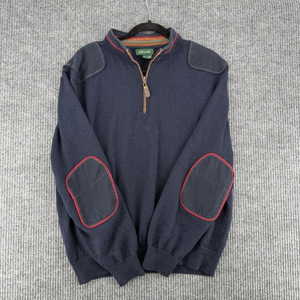 Orvis Merino Wool Quarter Zip Sweater Mens Large Elbow Patch Golf Blue Pullover